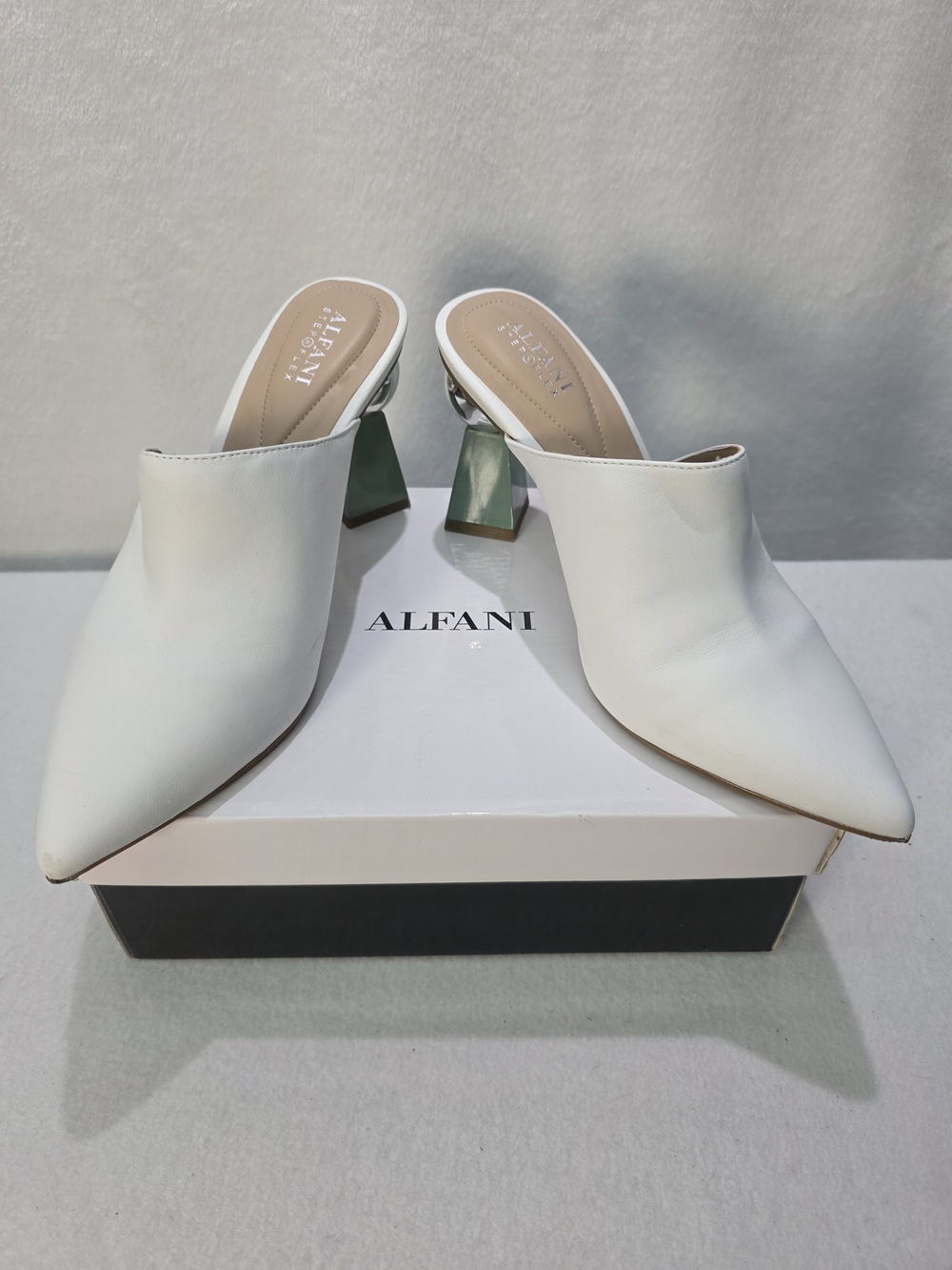Alfani White Pointed Toe Mule with Green Block Heel